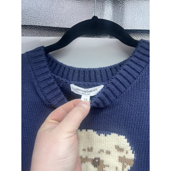 Women's Grayson Threads American Flag Cropped Navy Bear Graphic Sweater Sz XL - Picture 4 of 8